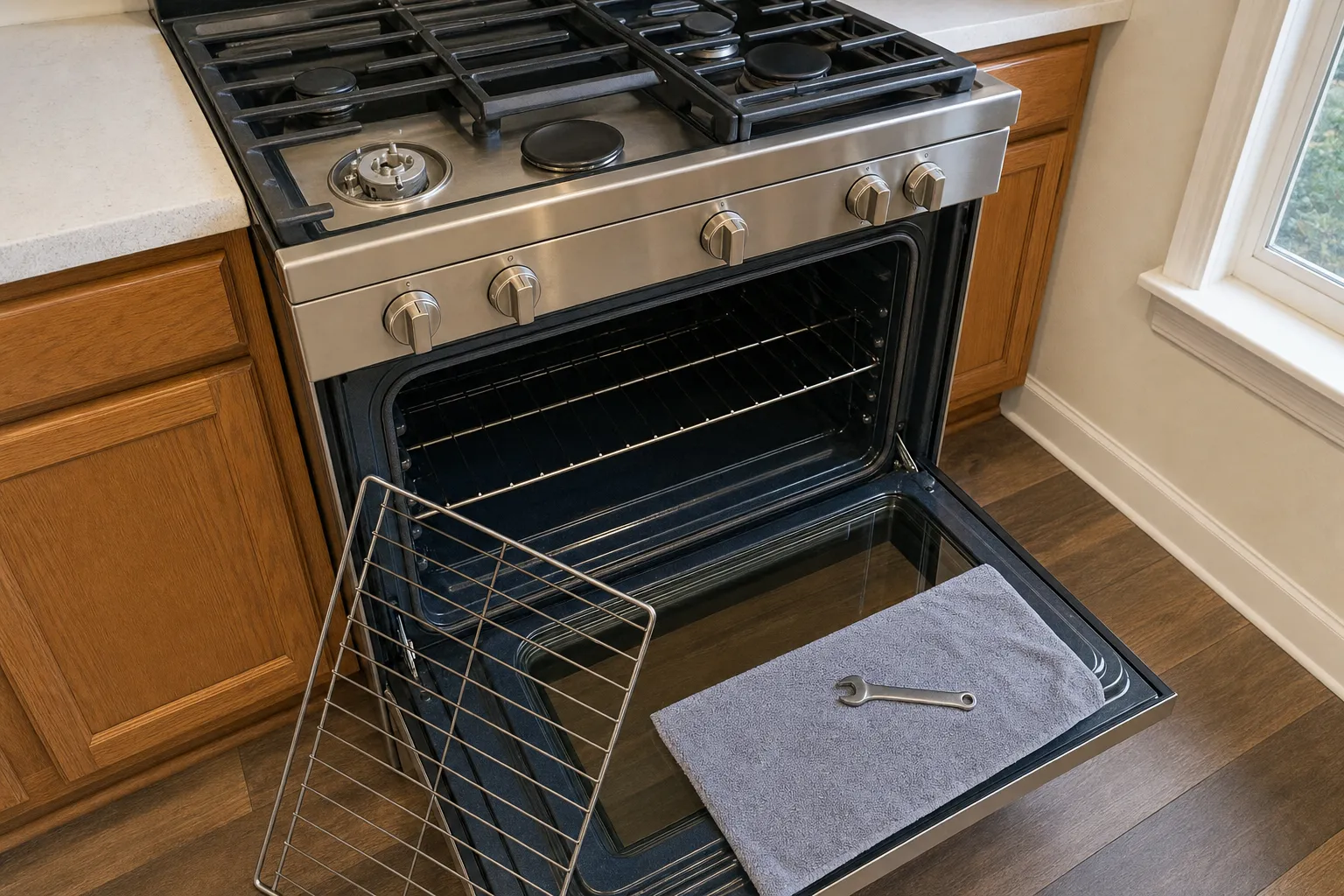 Gas range opened for service, one burner stripped to its base and a wrench on a towel on the lowered door