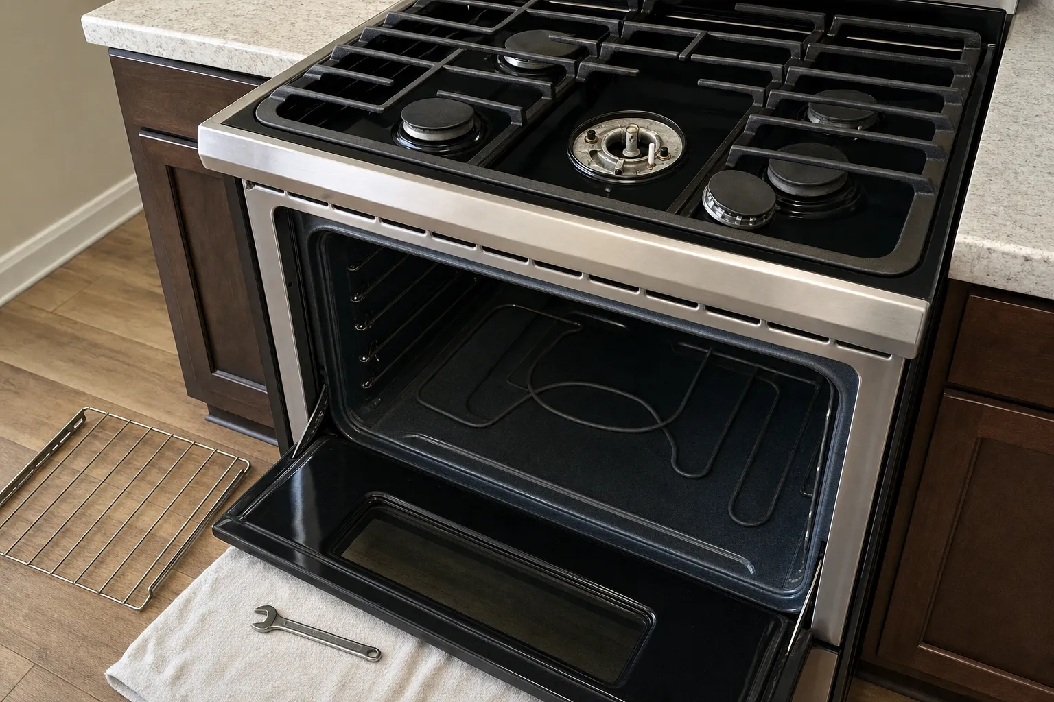 Oven door open on an empty cavity with the bake element across the floor, gas cooktop above